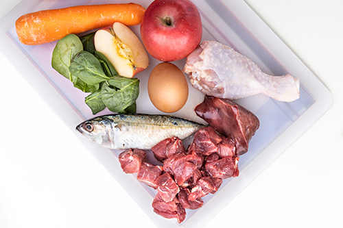 a square bowl of raw meat, chicken, fish, and vegetables like carrots and spinach. Fruits include an apple. And a raw egg.