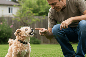 dog owner training dog not to bark