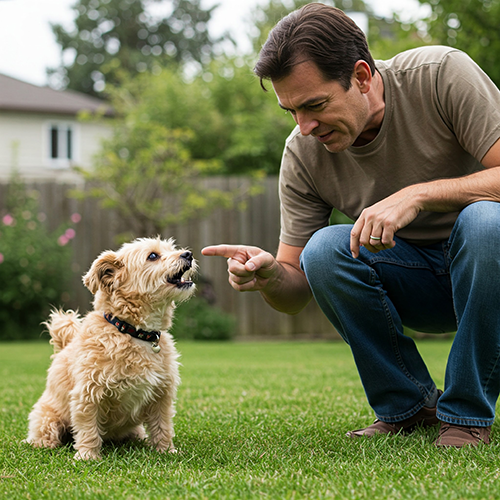 dog owner training dog not to bark