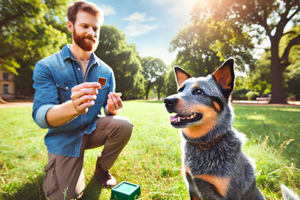 trainer training an Australian Cattle dog